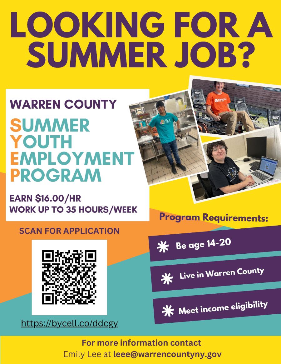 flyer detailing summer youth employment program details, call 518-743-0925 for more information