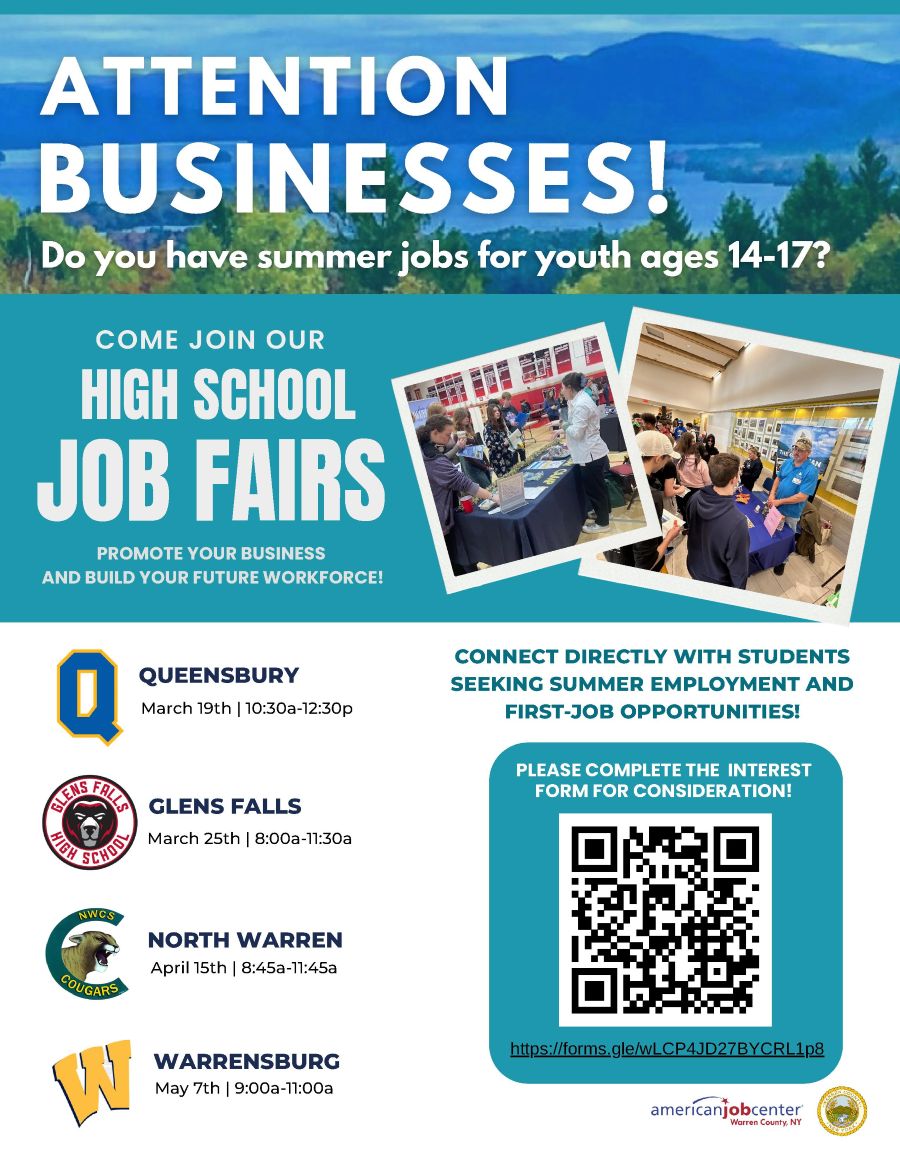flyer detailing businesses who have interest in job fair contact 518-743-0925