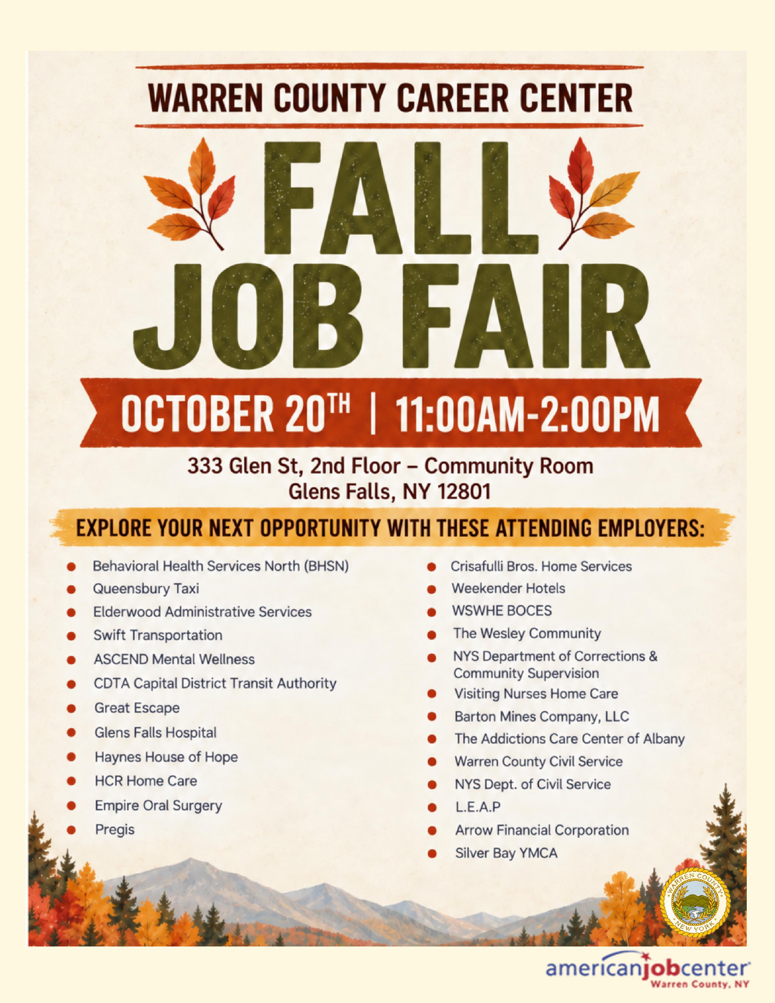 25 businesses attending fall job fair in glens falls 10/20/26