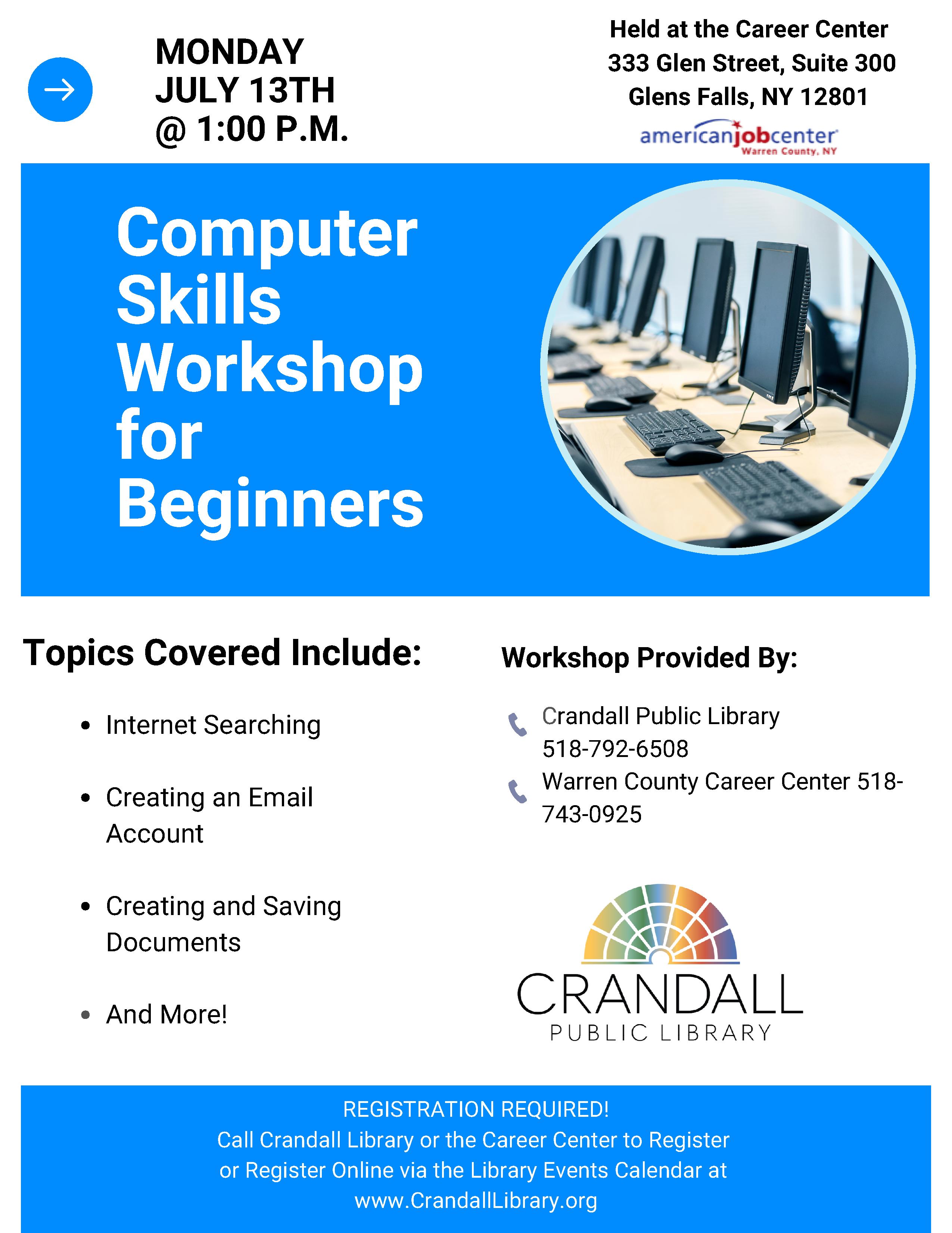 flyer detailing july 13 computer skills workshop in glens falls