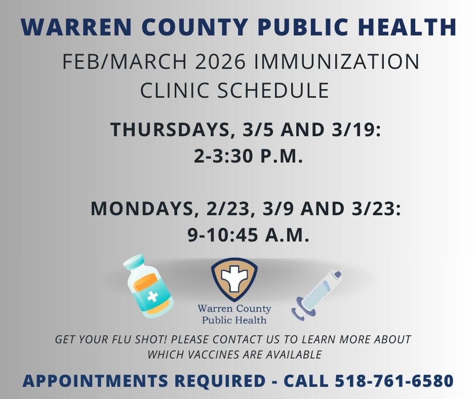 picture detailing upcoming warren county public health vaccine clinices on February 23, March 5, March 9, March 19 and March 23